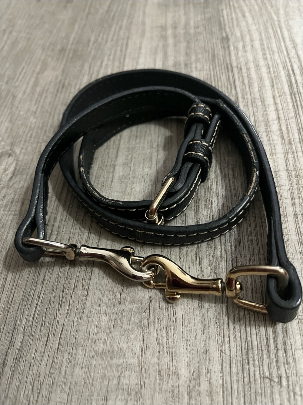 Adjustable Black Leather Crossbody Strap with Gold Hardware